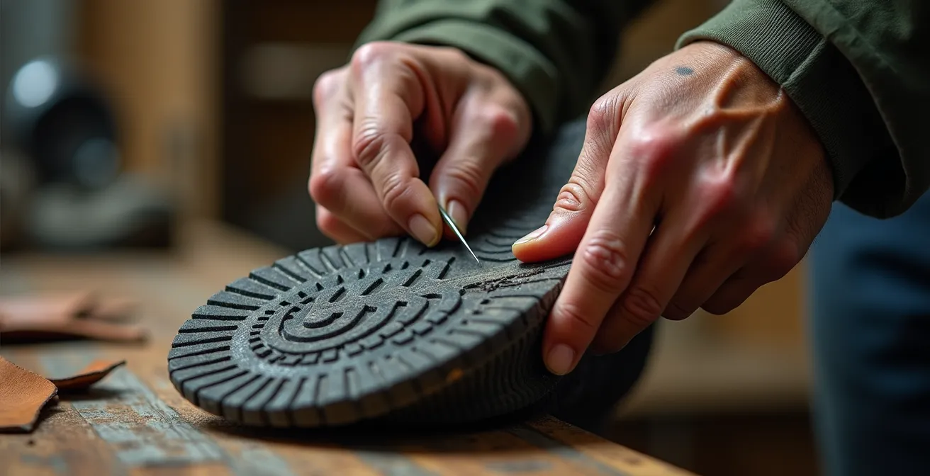 Mains d'artisan cordonnier réparant une basket technique moderne
