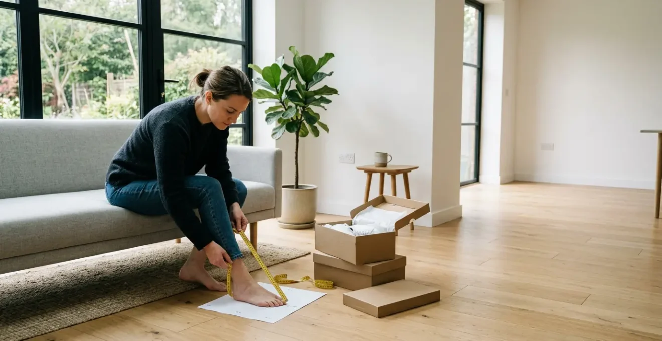 Femme photographiant une paire de chaussures avec son smartphone pour comparer les tailles, environnement lumineux et moderne
