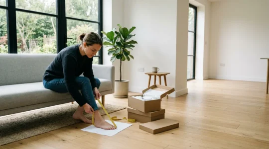 Femme photographiant une paire de chaussures avec son smartphone pour comparer les tailles, environnement lumineux et moderne