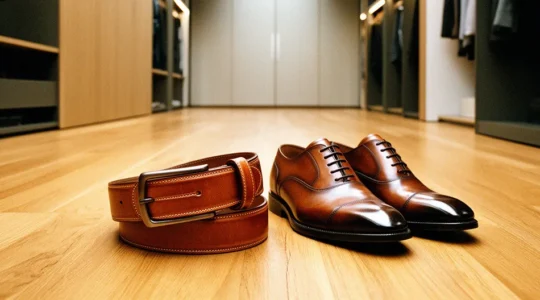 Composition élégante montrant l'harmonie entre une ceinture en cuir et des chaussures de ville masculines