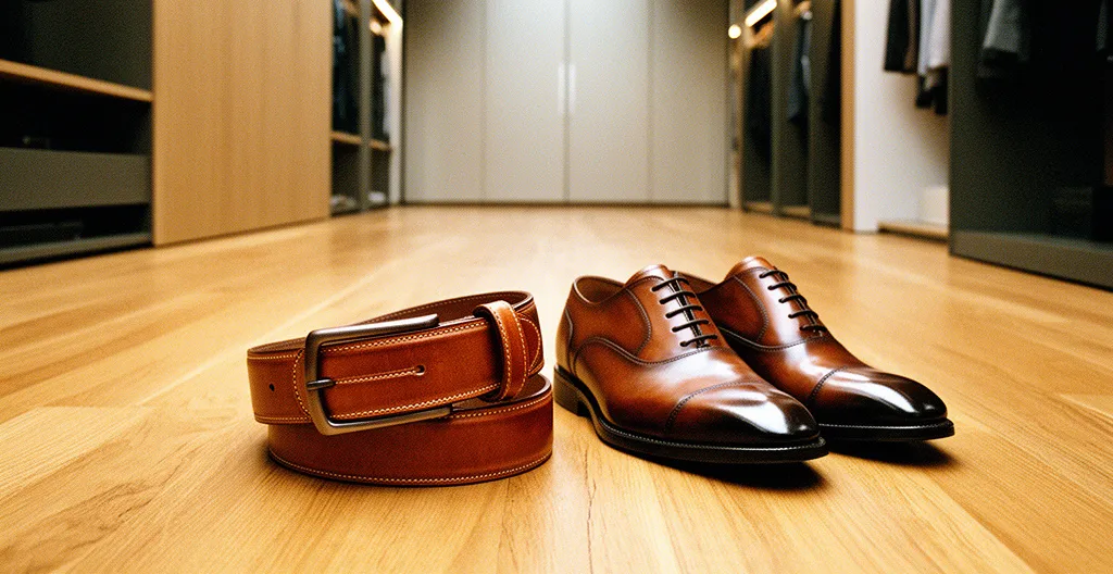 Composition élégante montrant l'harmonie entre une ceinture en cuir et des chaussures de ville masculines
