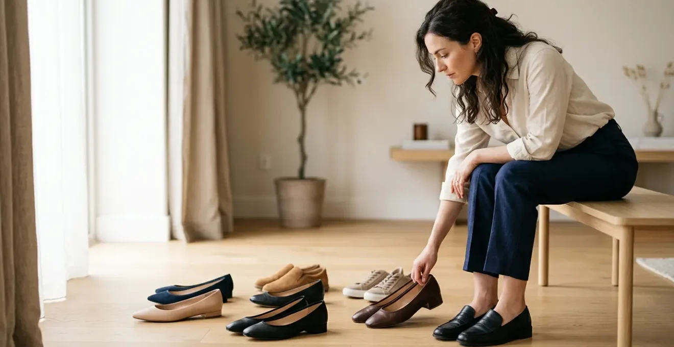 Une femme élégante choisissant entre différents modèles de chaussures, focus sur des ballerines avec détails techniques visibles