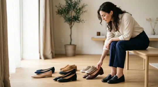 Une femme élégante choisissant entre différents modèles de chaussures, focus sur des ballerines avec détails techniques visibles