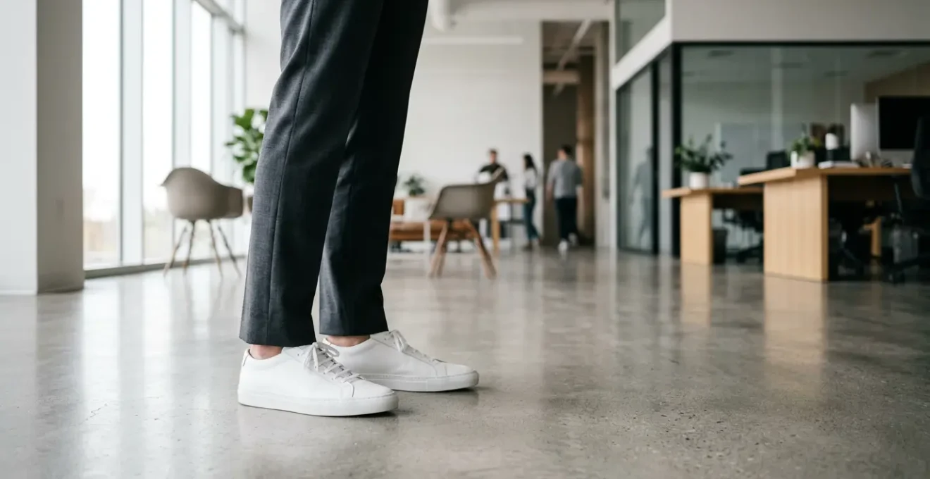 Homme en costume portant des baskets blanches dans un bureau moderne