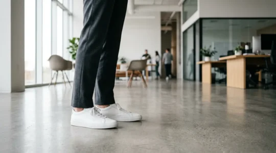Homme en costume portant des baskets blanches dans un bureau moderne