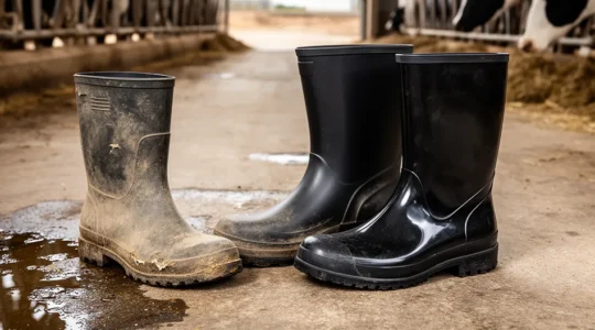 Comparaison visuelle entre bottes en caoutchouc et polyuréthane dans un environnement agricole