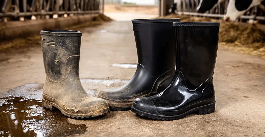 Comparaison visuelle entre bottes en caoutchouc et polyuréthane dans un environnement agricole