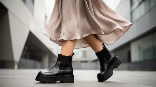 Femme élégante portant des bottines chunky noires avec une robe fluide dans un décor urbain minimaliste