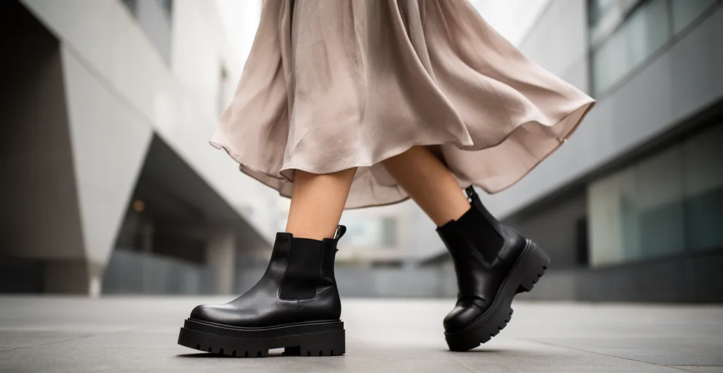 Femme élégante portant des bottines chunky noires avec une robe fluide dans un décor urbain minimaliste