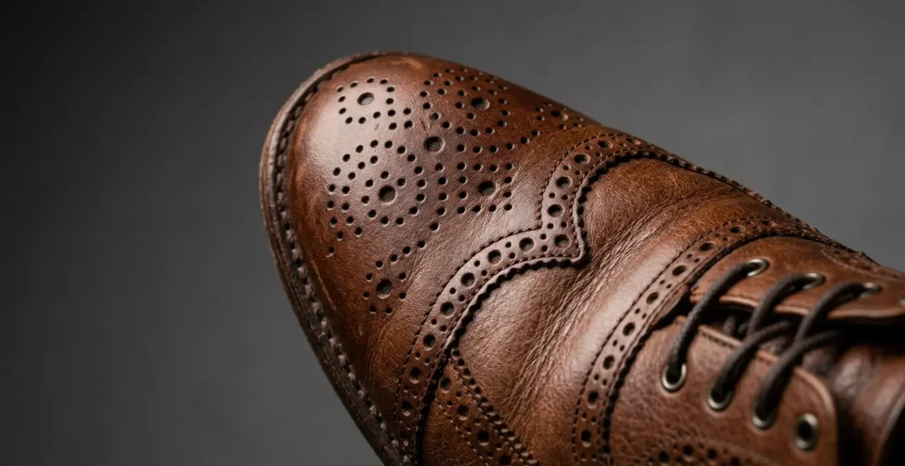 Portrait détaillé d'une chaussure brogue masculine classique en cuir brun patiné avec perforations décoratives