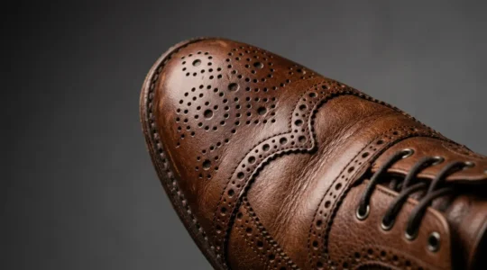 Portrait détaillé d'une chaussure brogue masculine classique en cuir brun patiné avec perforations décoratives