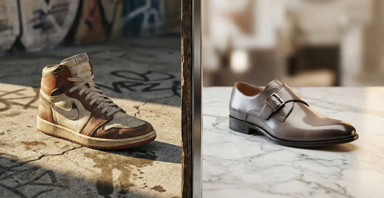 Composition symbolique montrant la différence entre sneakers de collection et chaussures de luxe