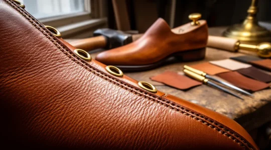 Détail rapproché d'une chaussure de ville en cuir haut de gamme sur établi d'artisan