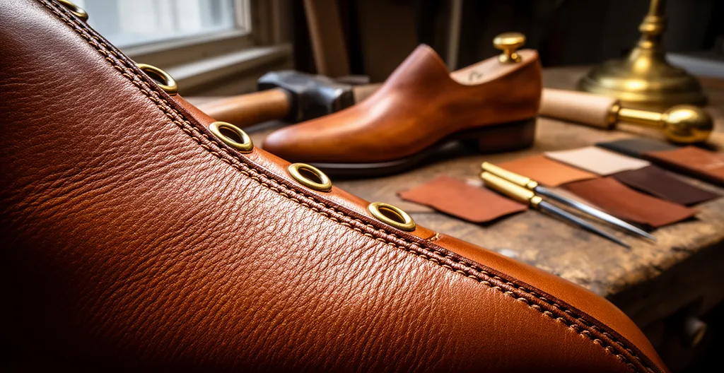 Détail rapproché d'une chaussure de ville en cuir haut de gamme sur établi d'artisan