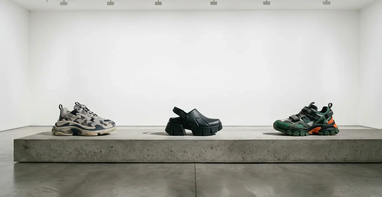 Composition mode avec différents styles de chaussures controversées incluant des dad shoes chunky et des sabots avant-gardistes