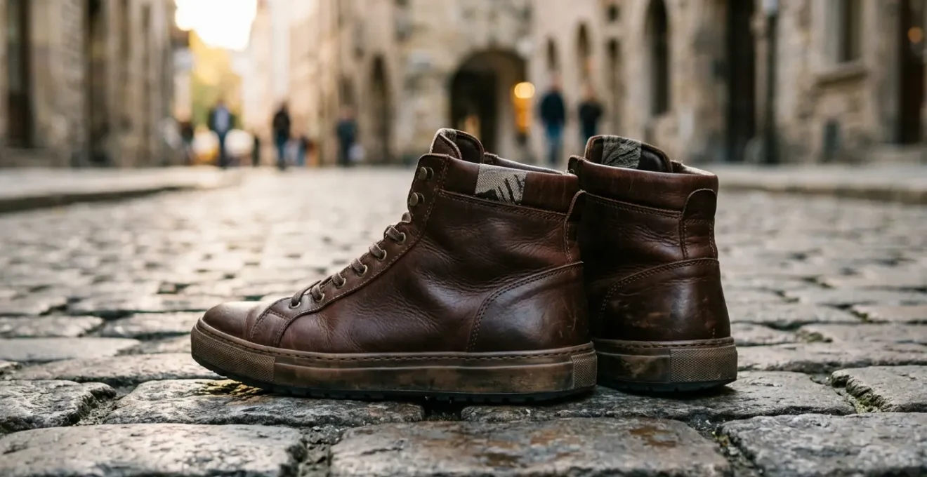 Paire de chaussures montantes élégantes en cuir sur pavés urbains avec mise au point sur la structure de maintien