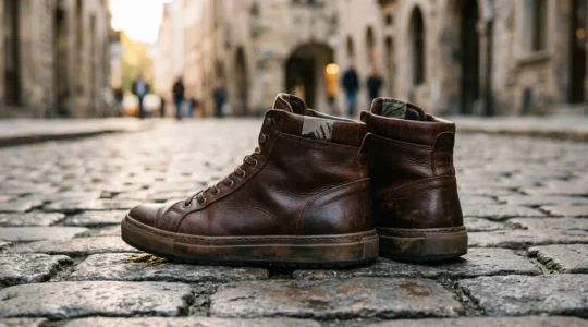 Paire de chaussures montantes élégantes en cuir sur pavés urbains avec mise au point sur la structure de maintien