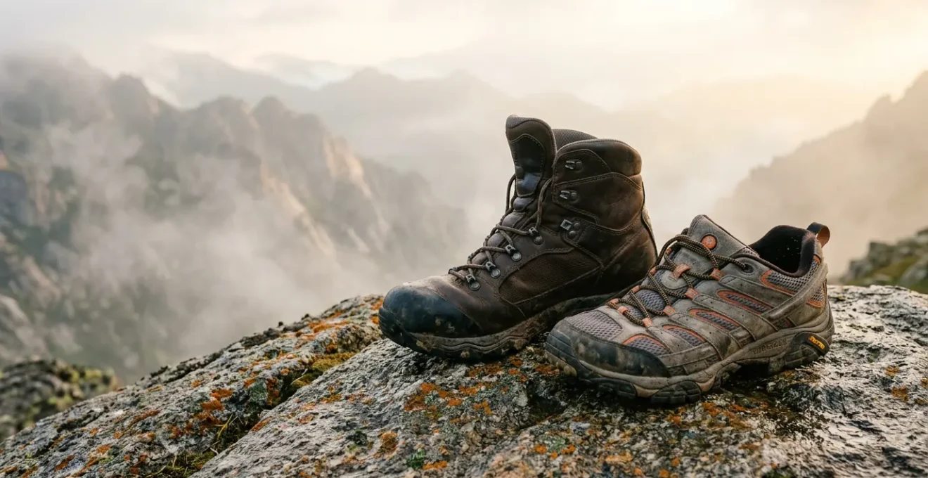 Chaussures de randonnée à tige haute et basse disposées sur un rocher en montagne