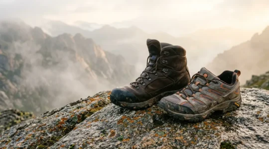 Chaussures de randonnée à tige haute et basse disposées sur un rocher en montagne