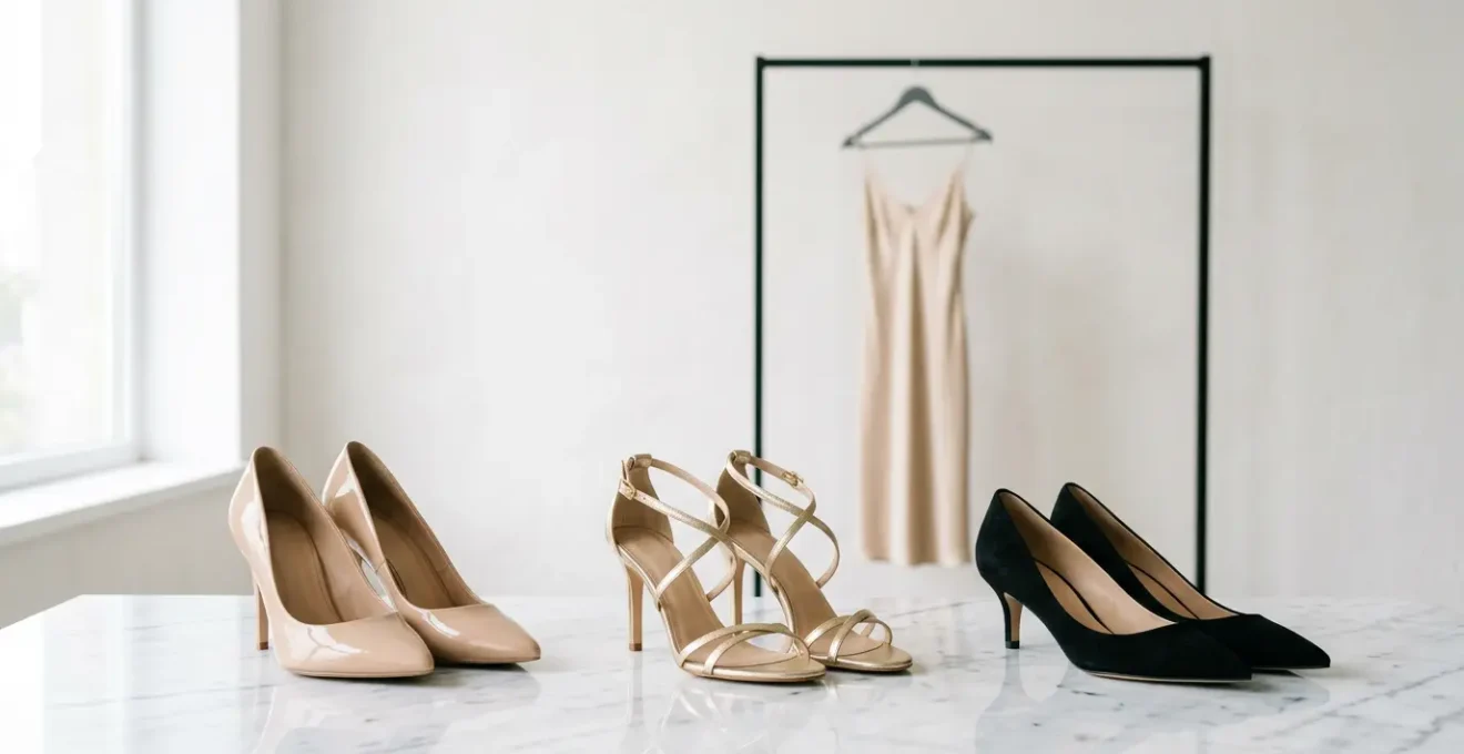 Élégantes chaussures de cocktail posées sur un miroir avec reflet d'une robe mi-longue floue en arrière-plan