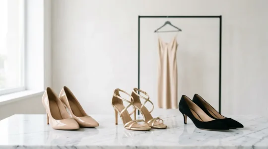 Élégantes chaussures de cocktail posées sur un miroir avec reflet d'une robe mi-longue floue en arrière-plan