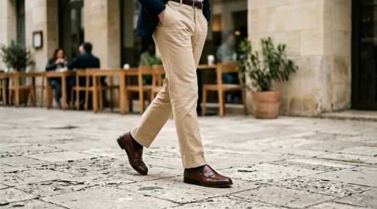 Homme élégant portant un pantalon chino beige avec des mocassins en cuir marron, vue de profil mettant en valeur l'accord parfait entre le pantalon et les chaussures