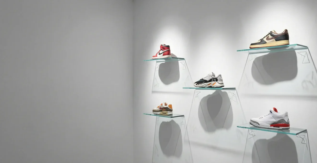 Collection de sneakers rares exposées dans un environnement minimaliste avec éclairage de galerie