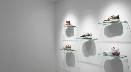 Collection de sneakers rares exposées dans un environnement minimaliste avec éclairage de galerie