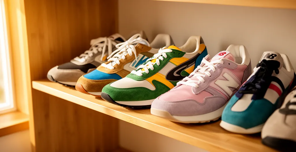 Plusieurs paires de sneakers rétro aux designs variés disposées sur une étagère en bois