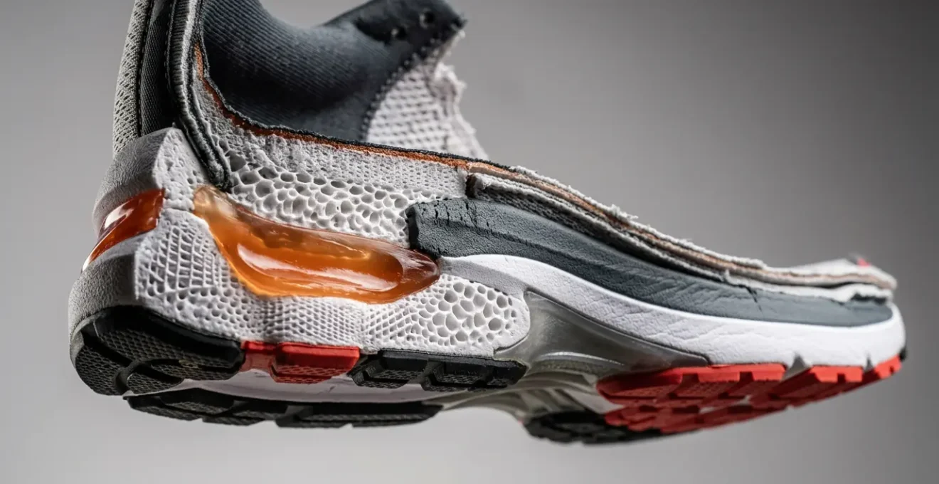 Gros plan technique sur l'architecture d'une chaussure de running montrant l'amorti et le drop