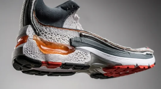 Gros plan technique sur l'architecture d'une chaussure de running montrant l'amorti et le drop