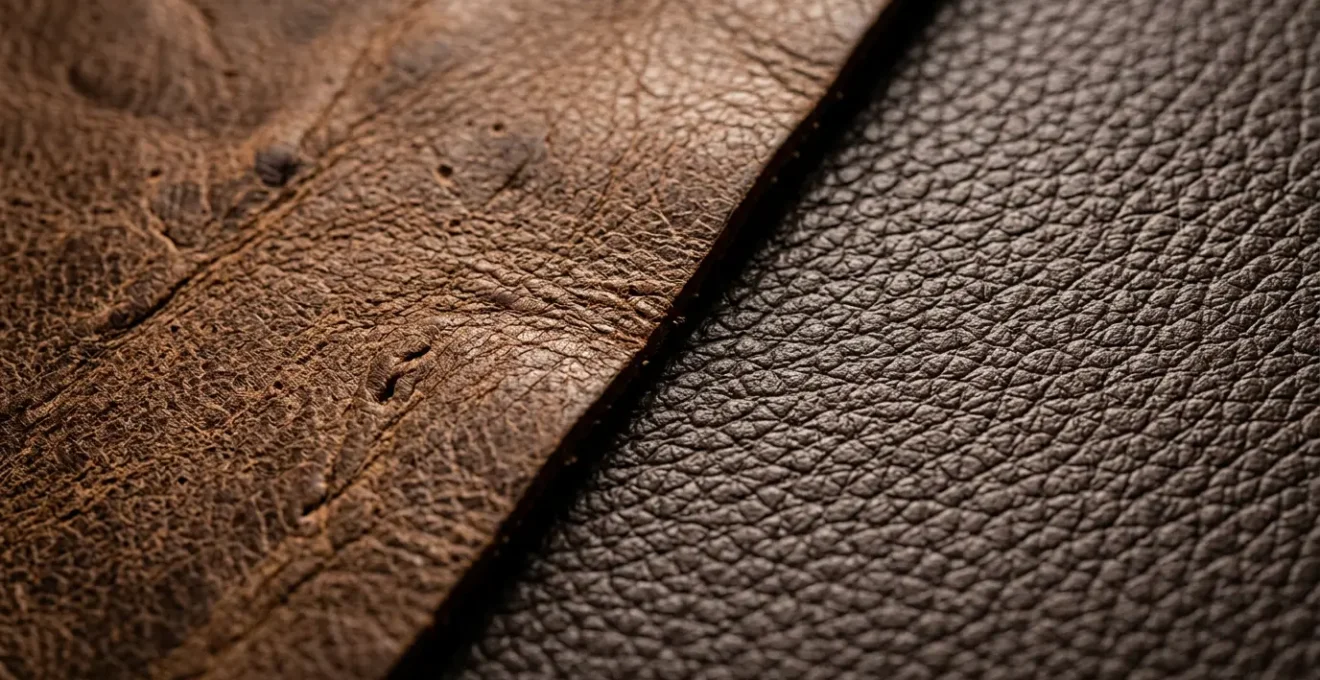 Comparaison macro entre deux types de cuir montrant les différences de texture et de grain naturel