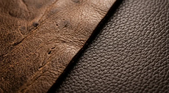 Comparaison macro entre deux types de cuir montrant les différences de texture et de grain naturel