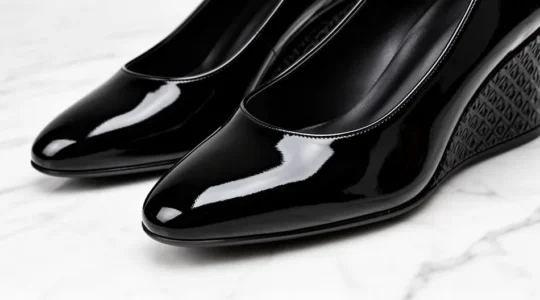 Gros plan sur des escarpins vernis noirs impeccables posés sur une surface en marbre