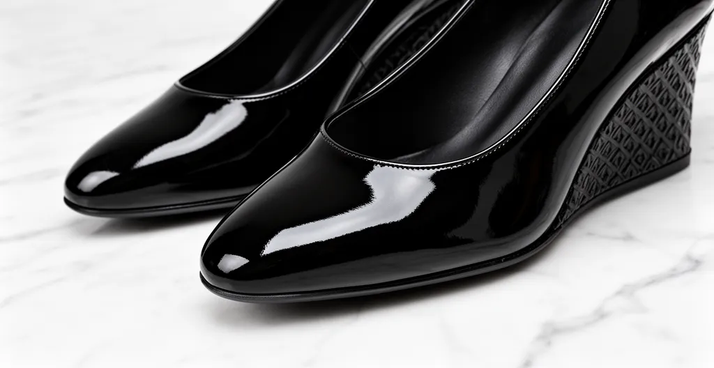 Gros plan sur des escarpins vernis noirs impeccables posés sur une surface en marbre