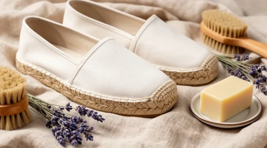 Vue rapprochée d'espadrilles en toile claire sur tissu de lin naturel avec éléments de soin