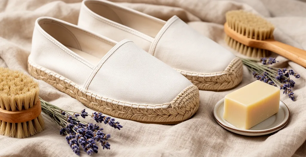Vue rapprochée d'espadrilles en toile claire sur tissu de lin naturel avec éléments de soin