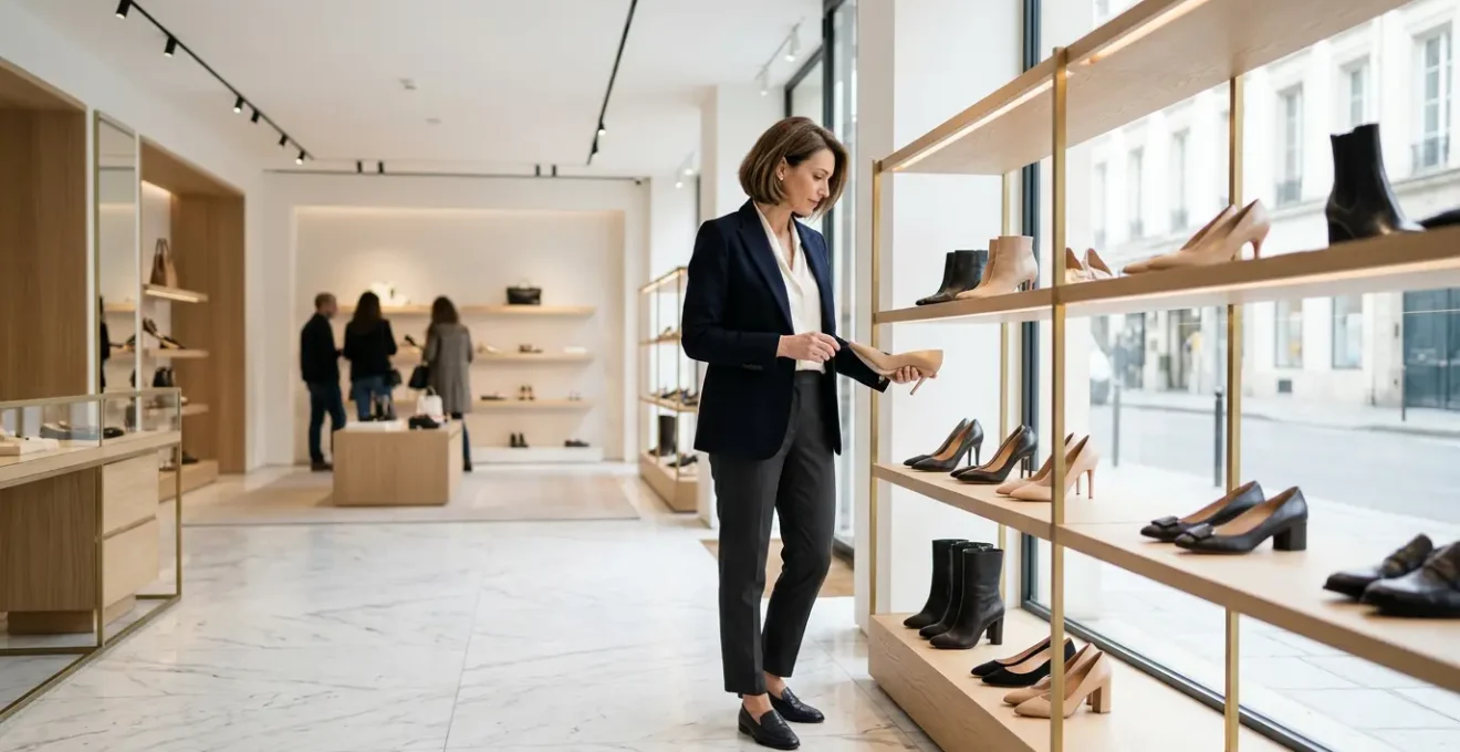Femme élégante examinant des chaussures de luxe dans une boutique haut de gamme pendant les soldes