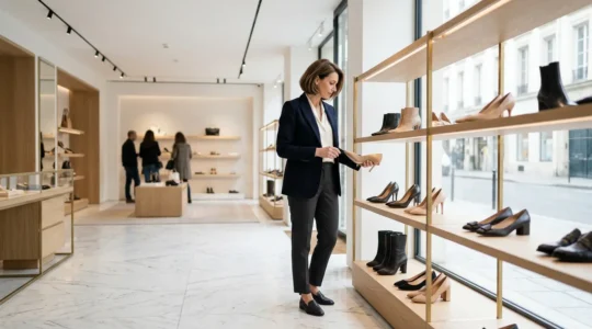 Femme élégante examinant des chaussures de luxe dans une boutique haut de gamme pendant les soldes