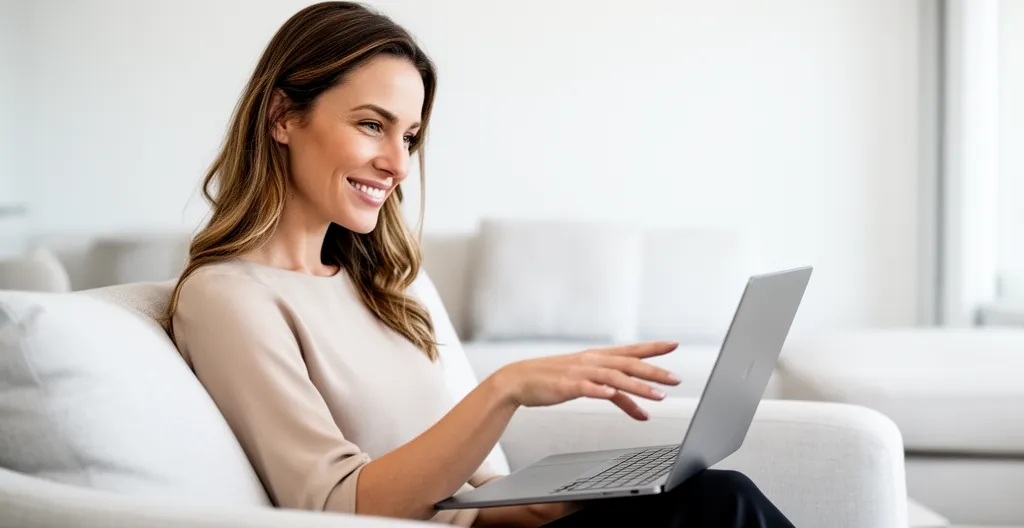 Une femme souriante utilisant un ordinateur portable dans un espace lumineux, vêtements colorés à l'arrière-plan flou