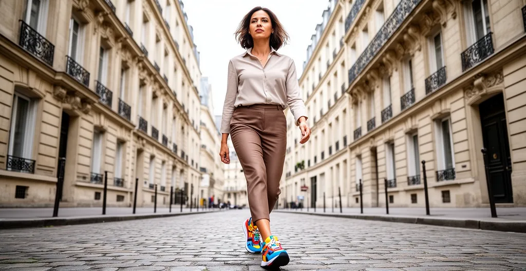 Femme portant des sneakers rétro colorées marchant dans une rue parisienne