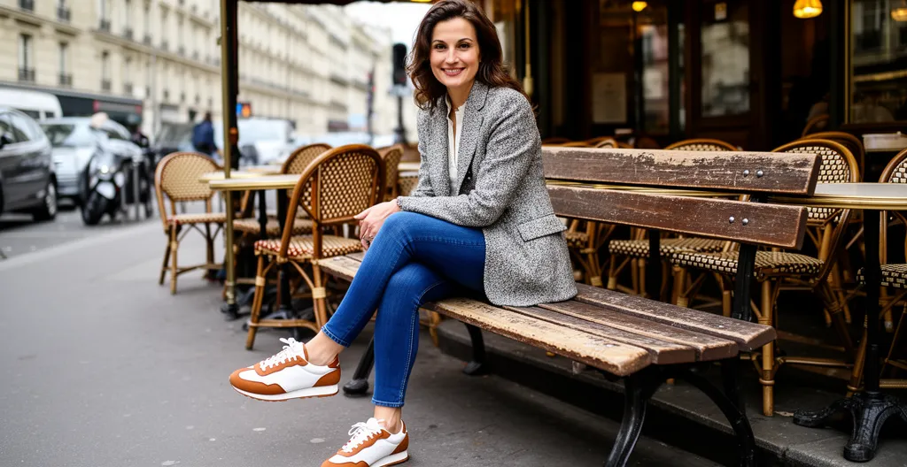 Femme assise en terrasse de café portant des sneakers rétro avec une tenue casual chic