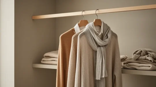 Composition élégante d'un vestiaire mi-saison avec technique de layering sur fond naturel épuré