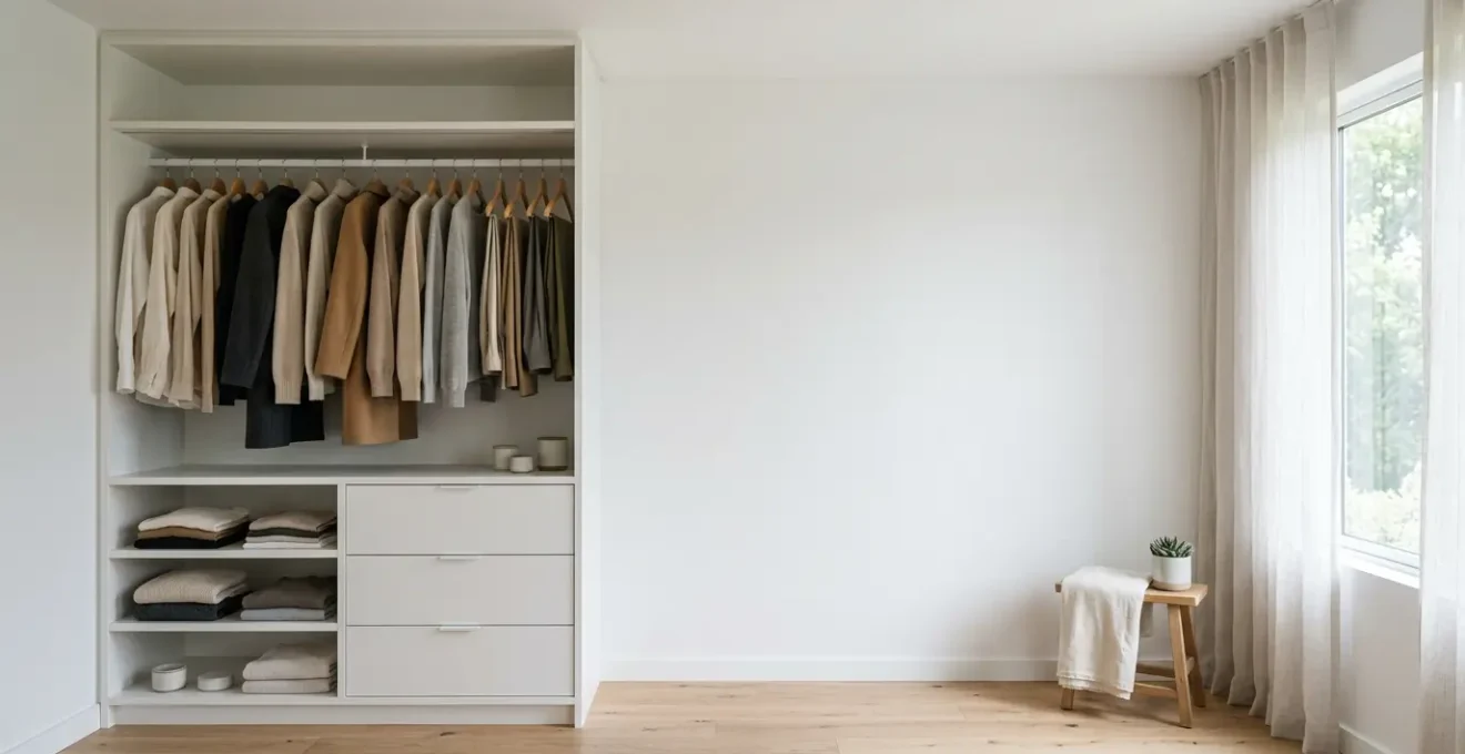 Dressing épuré avec vêtements neutres organisés harmonieusement et lumière naturelle