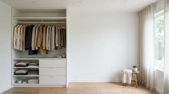 Dressing épuré avec vêtements neutres organisés harmonieusement et lumière naturelle