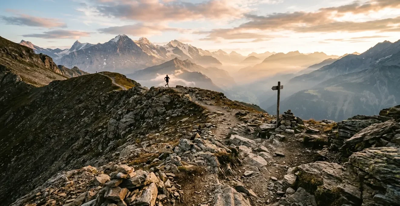 Pieds d'un coureur d'ultra-trail en action sur un sentier de montagne rocheux au lever du soleil