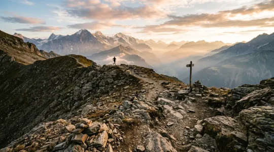 Pieds d'un coureur d'ultra-trail en action sur un sentier de montagne rocheux au lever du soleil