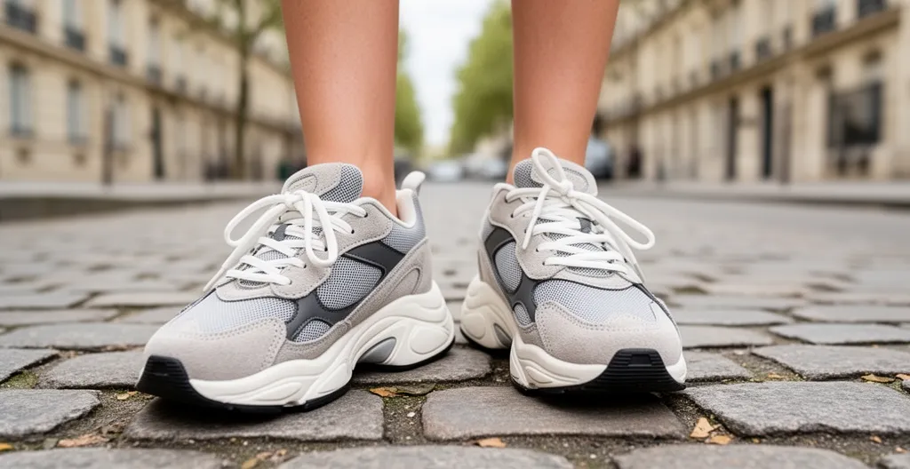 Gros plan sur des sneakers style années 90 aux semelles épaisses portées sur un trottoir