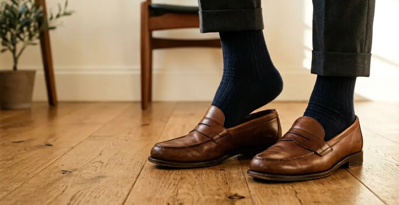 Paire de loafers en cuir marron portés sans chaussettes avec un pantalon retroussé
