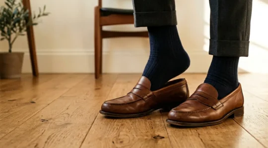 Paire de loafers en cuir marron portés sans chaussettes avec un pantalon retroussé